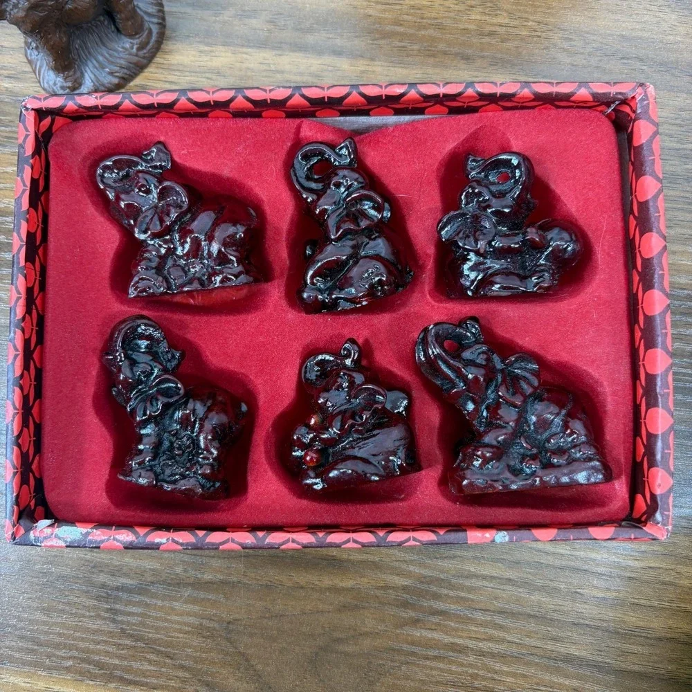 Vintage Elephants Red Resin Chinese Feng Shui, Brass, Two Candles Lot of‎ 12
